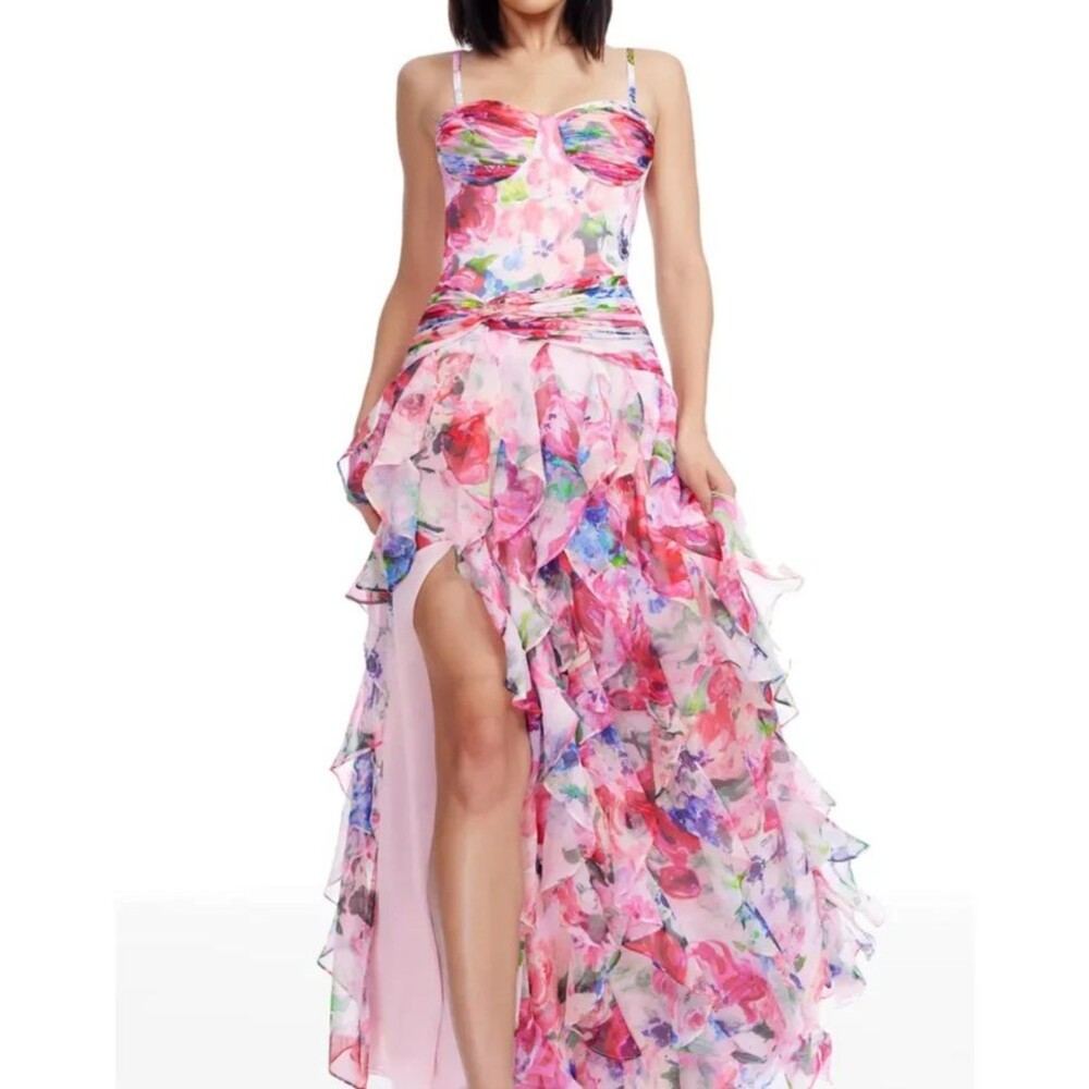 Dress The Population Lux Ruffle Floral Maxi Romantic Gown Pink Rose Large NWT